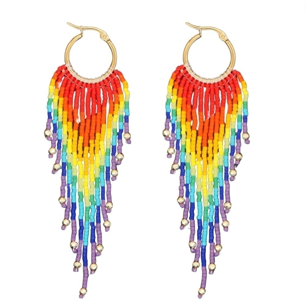 NWT Rainbow Beaded Fringe Earrings – Pride Statement Hoops – Lightweight Trendy
